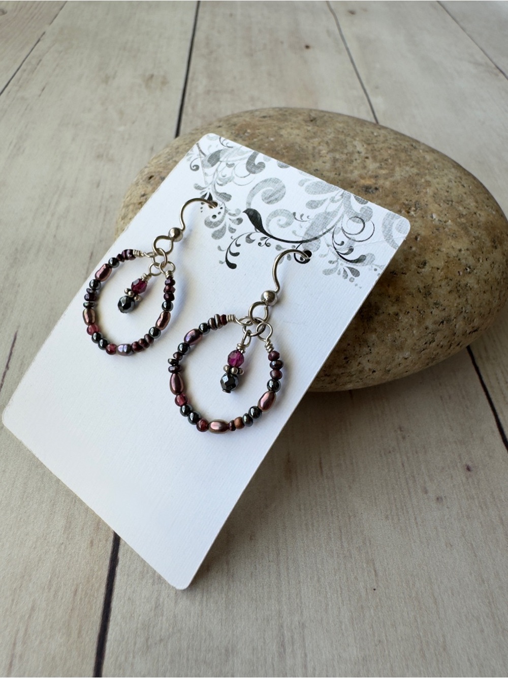 Hand Crafted Garnet and Hematite Beaded Hoop Earrings